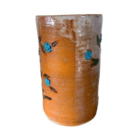 Vintage Schau Pottery Clay Glazed Floral Handmade 3D Vase Terracotta Blue 7”H - Picture 4 of 12